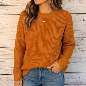 Zenana Mustard Yellow Waffle Knit Crewneck Sweater Long Sleeve Pullover Small